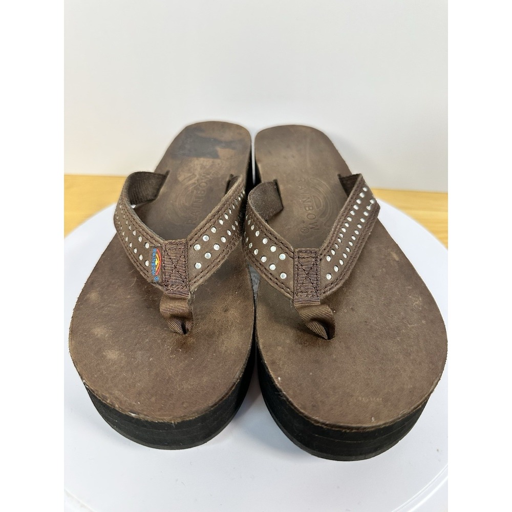 Rainbow Womens Wedge Platform Sandal Flip Flop Small Brown Rhinestones